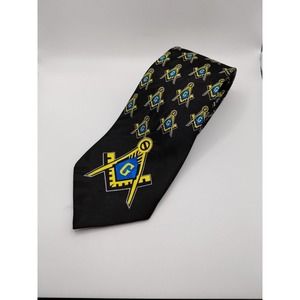 Masonic Mens Tie Necktie Black Blue Yellow God and Geometry Classic Length
